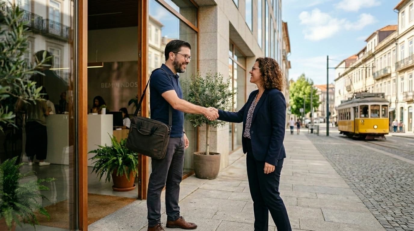 Técnico Equipetec e cliente a cumprimentar-se no Porto